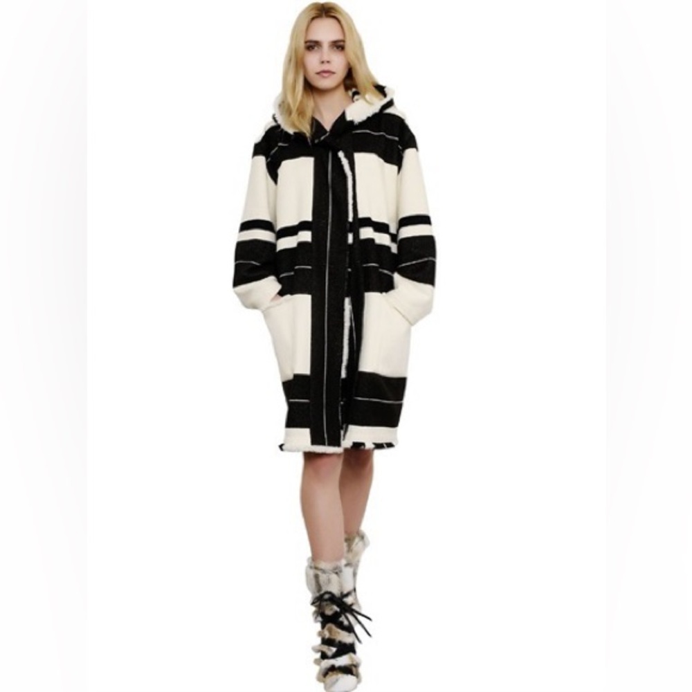 Isabel Marant Adil Blanket Hooded Wool Runway Coat Black White Stripe $1460